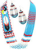 Turquoise Feather & Medicine Wheel Beaded Lariat Necklace and Ma