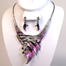 SKU# 7779  Garnet and Purple Feathers Necklace & Matching Earrings
